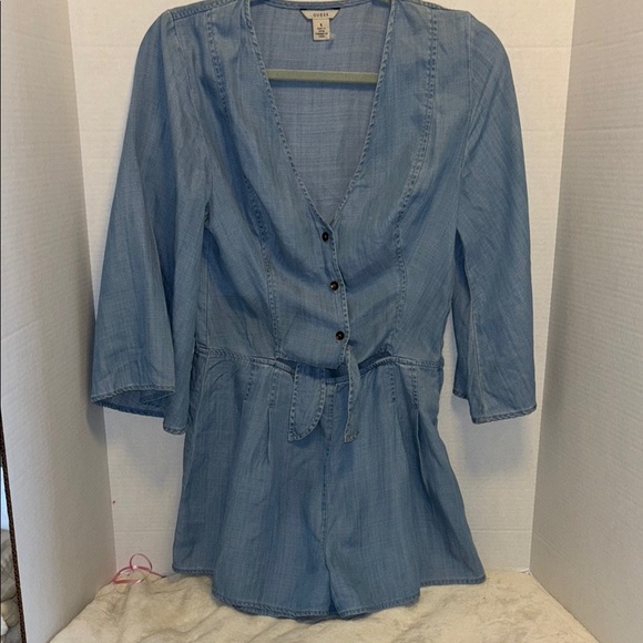 GUESS BRAND BLUE DENIM (LIGHT WEIGHT)ROMPER WITH ELASTIC WAIST AND TIE IN CENTER - Picture 1 of 7